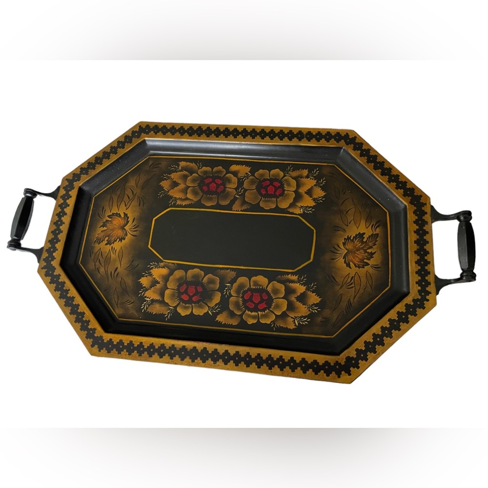 Handpainted Black, Gold, & Red Metal Toleware Floral Tray w/ Handles, ~21" x 12"